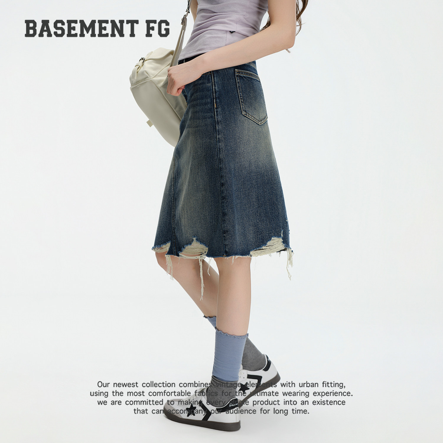 BASEMENTFG复古牛仔半身裙女高腰毛边不规则中长裙267350010031