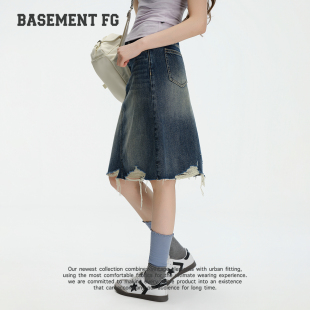BASEMENTFG复古牛仔半身裙女高腰毛边不规则中长裙267350010031