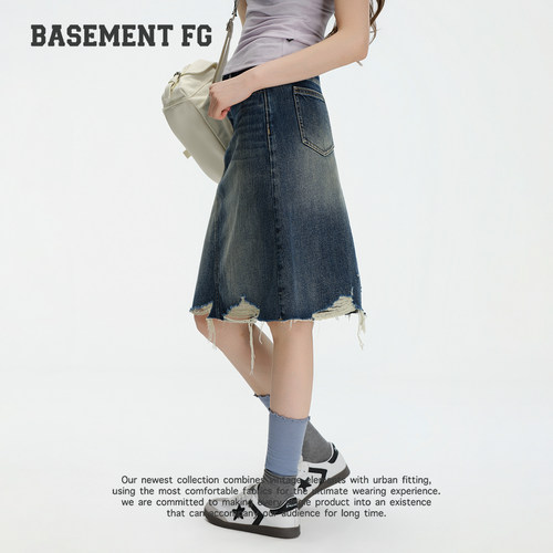 BASEMENTFG复古牛仔半身裙女高腰毛边不规则中长裙267350010031