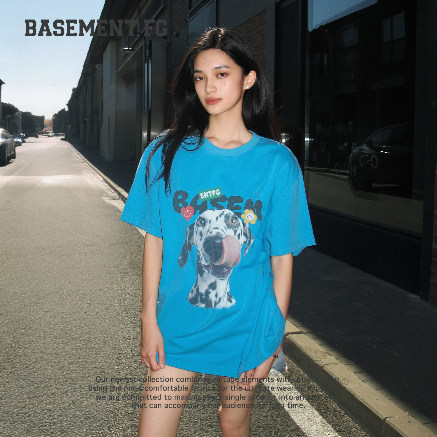 BASEMENT蓝色斑点狗卡通印花短袖T恤女宽松百搭261020487072