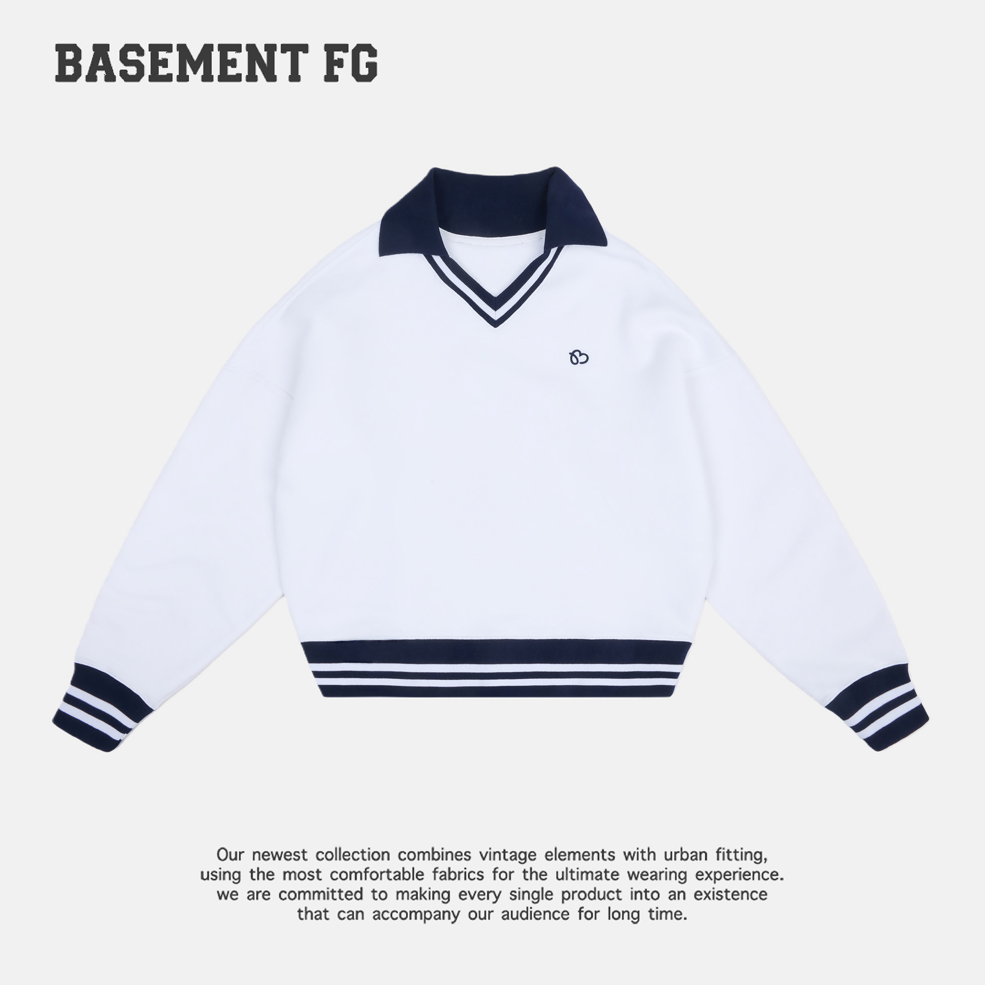 BASEMENTFG学院风POLO领长袖针织衫女条纹撞色百搭上衣25106000