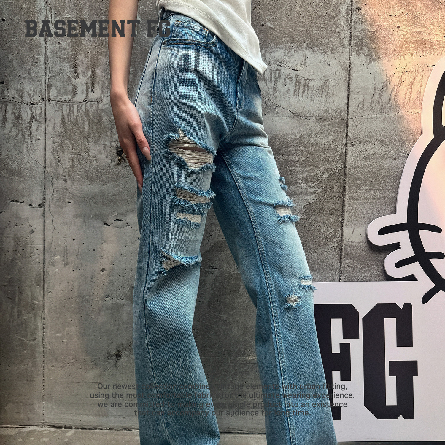 BASEMENTFG美式街头风破洞牛仔裤直筒长裤267330007284