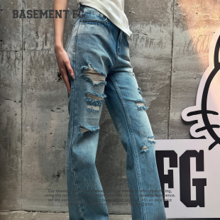 BASEMENTFG美式街头风破洞牛仔裤直筒长裤267330007284