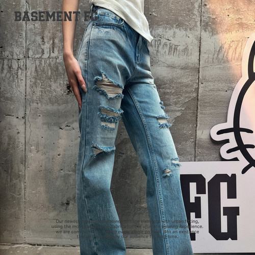 BASEMENTFG美式街头风破洞牛仔裤直筒长裤267330007284