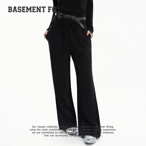 BASEMENTFG高腰抽绳阔腿裤女黑色显瘦简约风休闲长裤262120038001