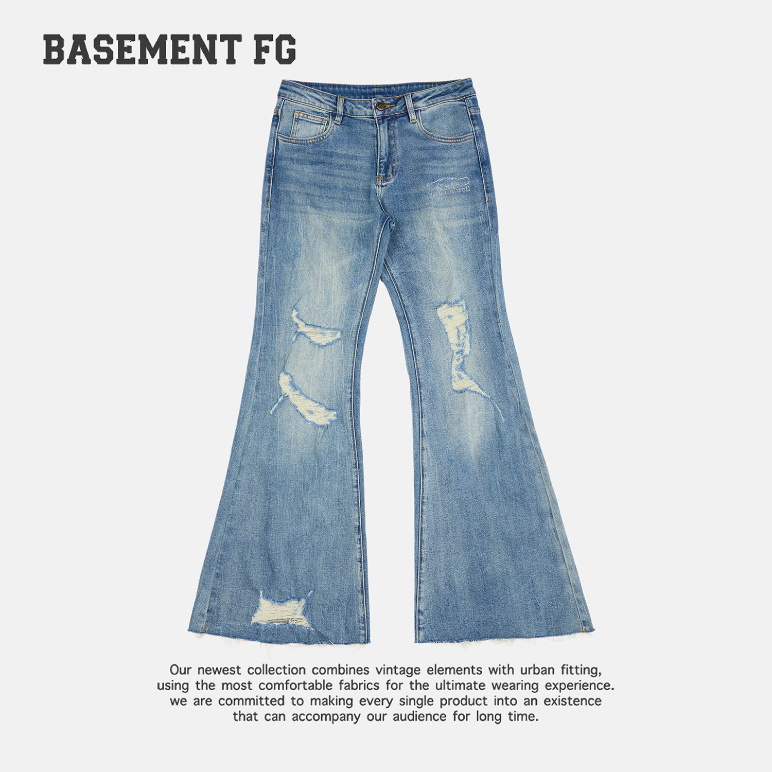 BASEMENTFG美式复古风破洞微喇牛仔裤女低腰修身长裤267330028072