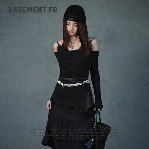 BASEMENTFG复古拼接假两件荷叶边黑色A字百搭半身裙262150067001