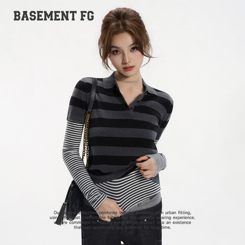 BASEMENTFG美式复古Polo领毛织短袖T恤263500008040