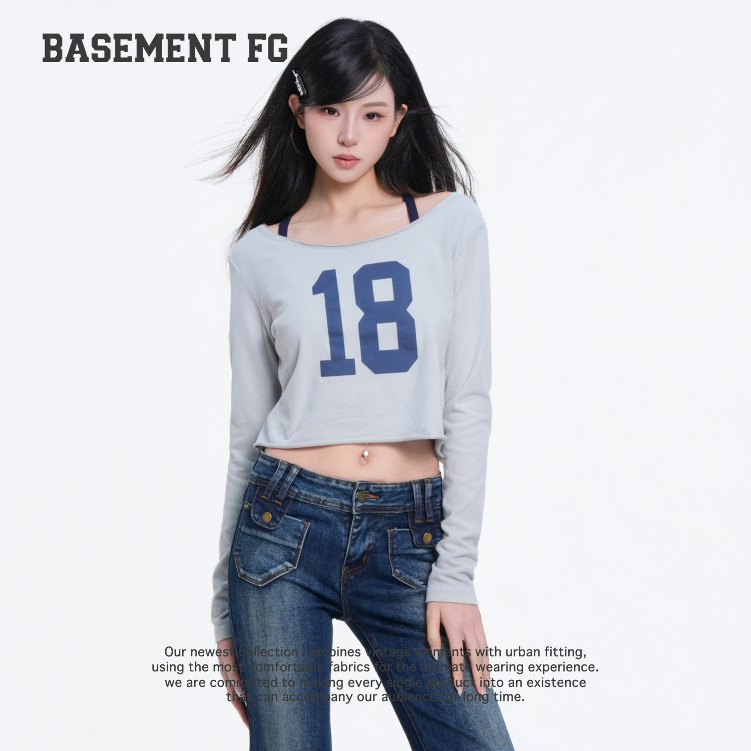 BASEMENTFG T恤26秋冬新款数字印花长袖T恤露肩261040015018