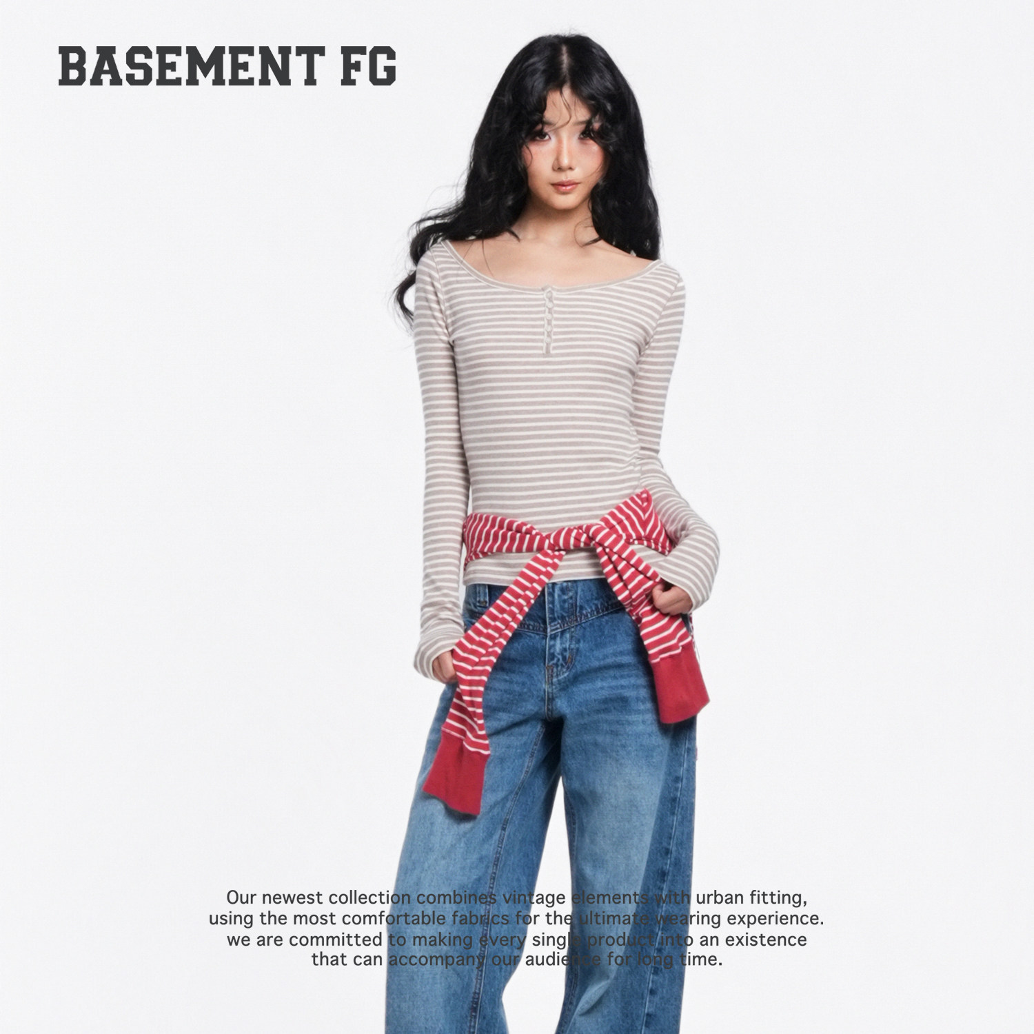 BASEMENTFG T恤26秋冬新款条纹亨利领长袖T恤女修身261030402014
