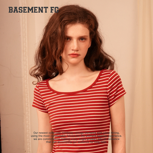 BASEMENTFG复古条纹短袖T恤女修身显瘦百搭红色上衣261020257103