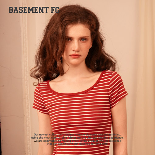 BASEMENTFG复古条纹短袖T恤女修身显瘦百搭红色上衣261020257103