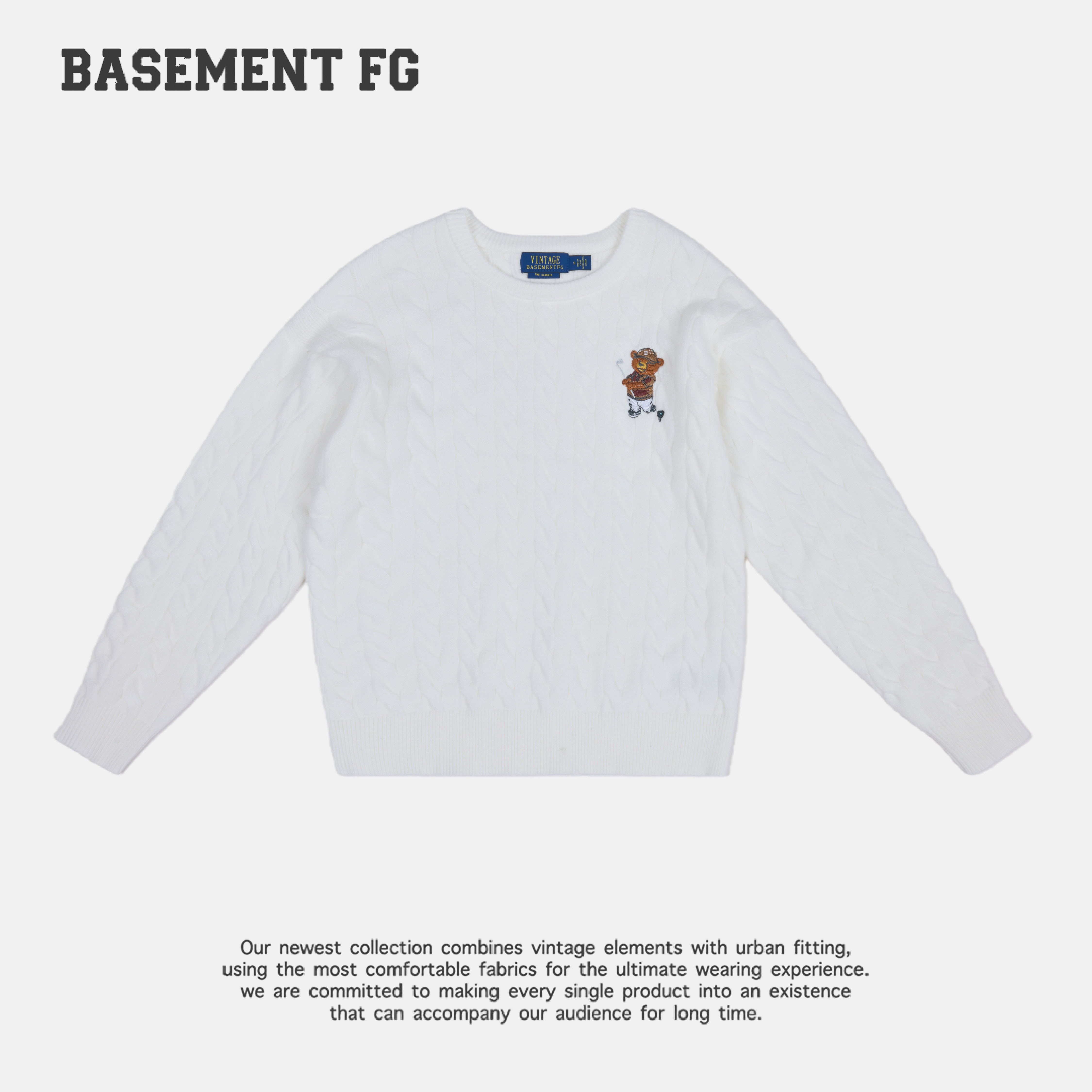 BASEMENTFG复古风白色麻花纹毛衣圆领卡通刺绣针织衫253500125005