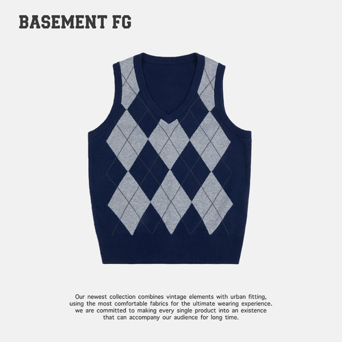 BASEMENTFG复古学院风菱格纹针织马甲女V领无袖背心上衣263010008