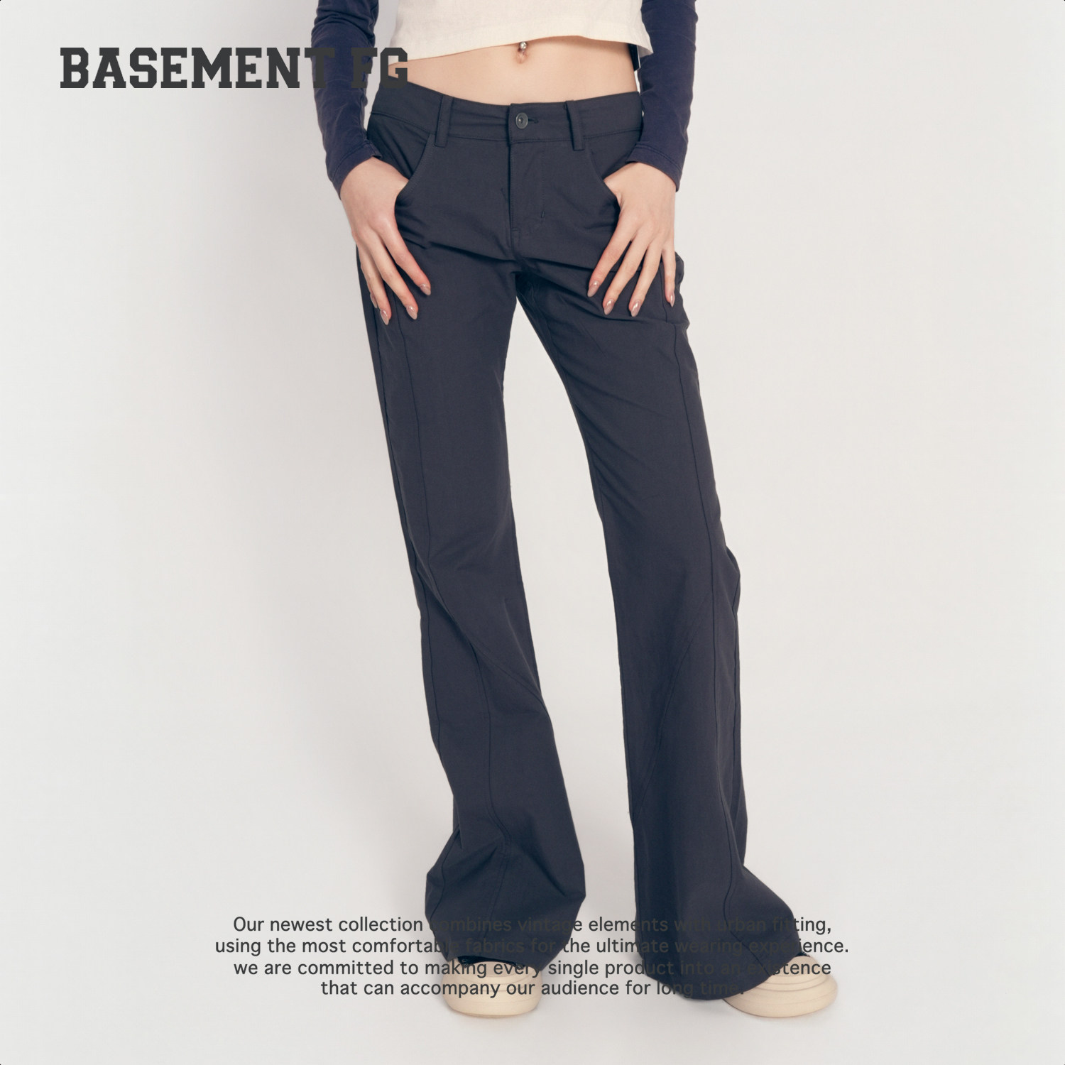 BASEMENTFG休闲裤26秋冬新款高腰显瘦微喇深灰色垂感262120108021