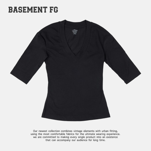 BASEMENTFG极简风黑色V领中袖T恤女修身百搭上衣261020201001
