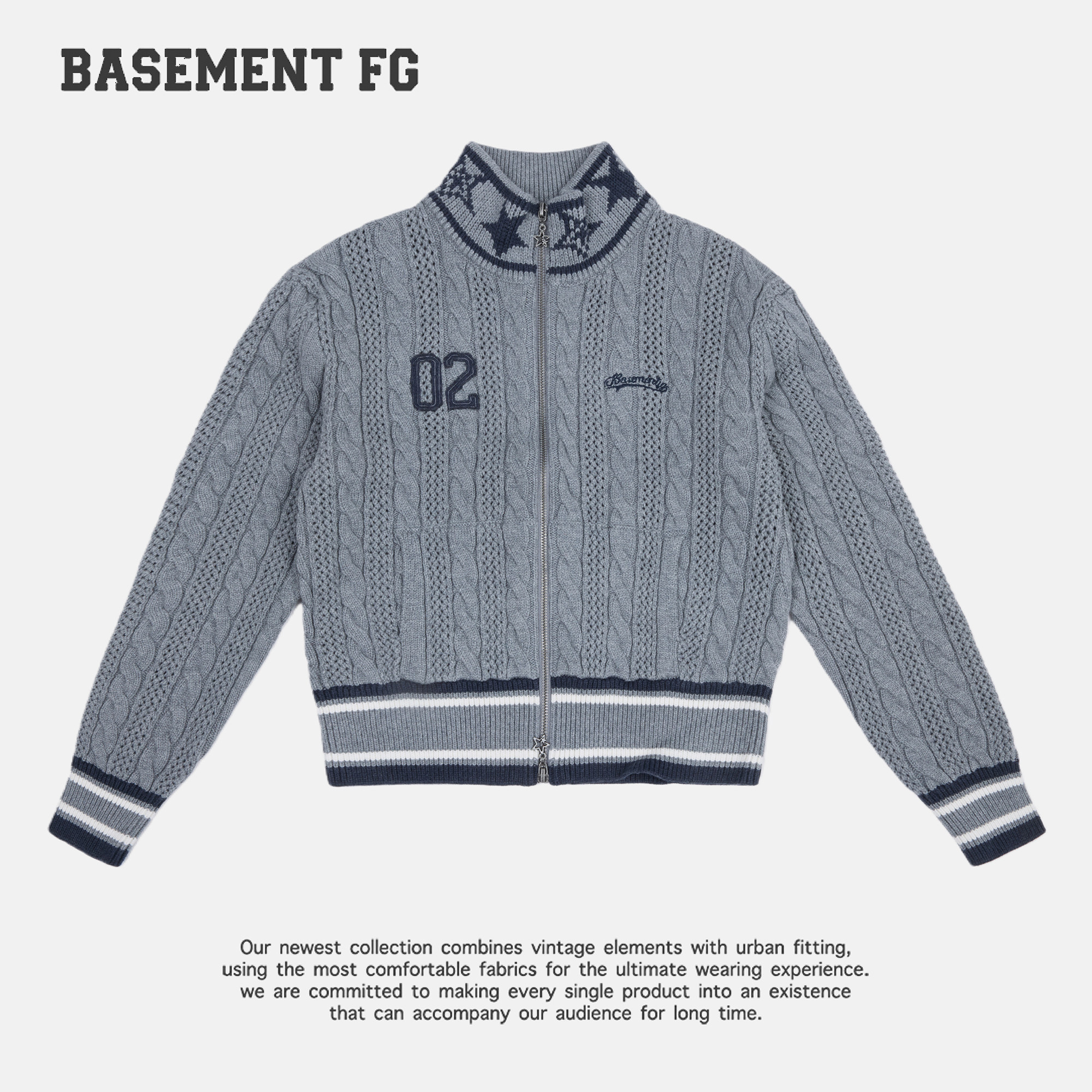 BASEMENTFG美式复古麻花编织立领拉链女显瘦毛衣外套2630800