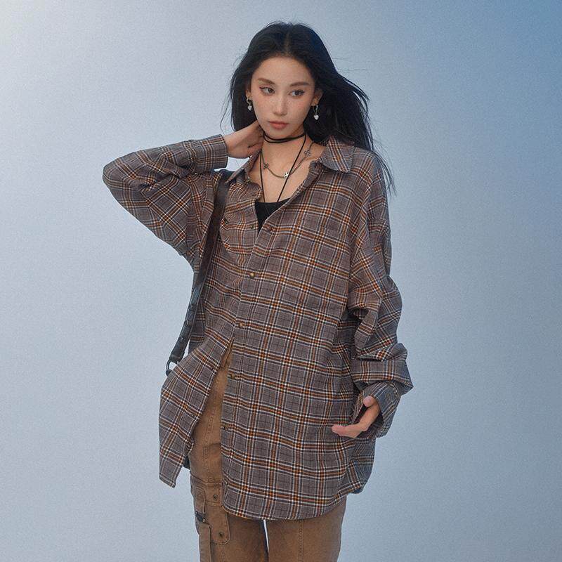 宽松格子衫做旧背后衬衫