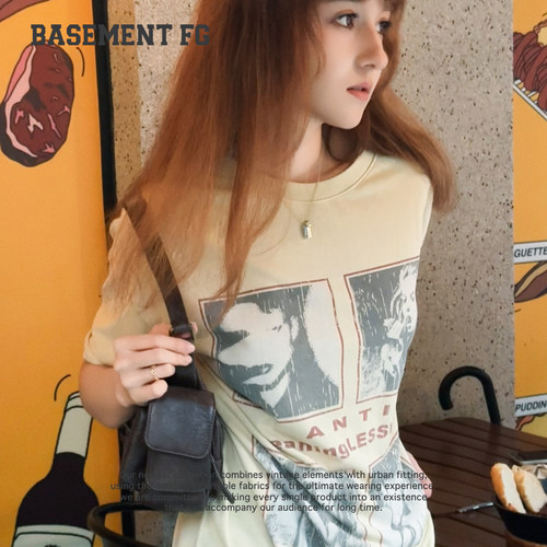 BASEMENTFG复古印花短袖T恤女圆领宽松显瘦上衣261020482056