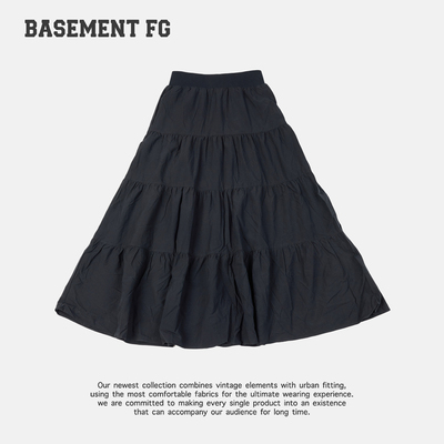 BASEMENTFG温柔风黑色压褶半身长裙女高腰法式半裙262150052001