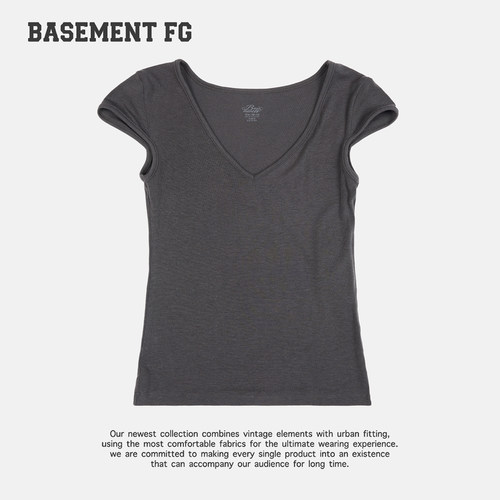 BASEMENT FG美式复古V领短袖T恤女修身百搭简约上衣261020273096