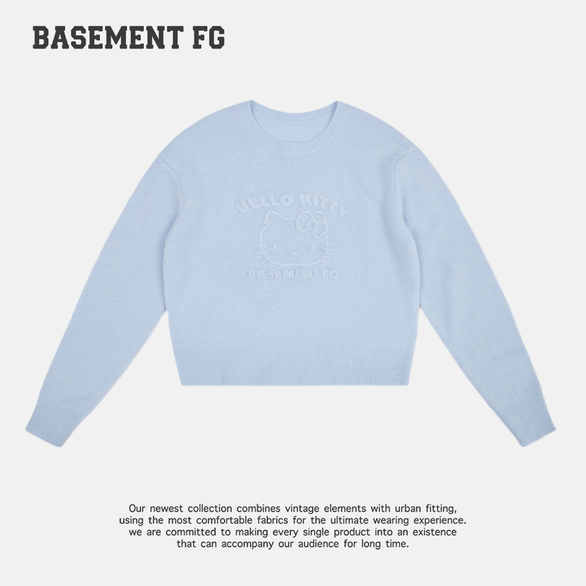 BASEMENTFGxHelloKitty卡通风浅蓝色圆领长袖毛衣263500026028