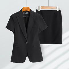 韩国黑色短袖西装套装女夏季薄款小个子职业装西服酒店前台工作服