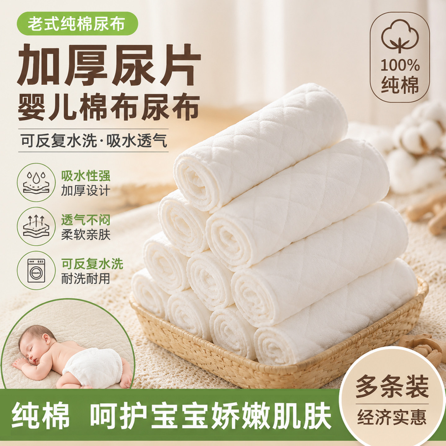 老式纯棉尿布加厚生态棉尿片婴儿棉布尿布可反复水洗吸水透气
