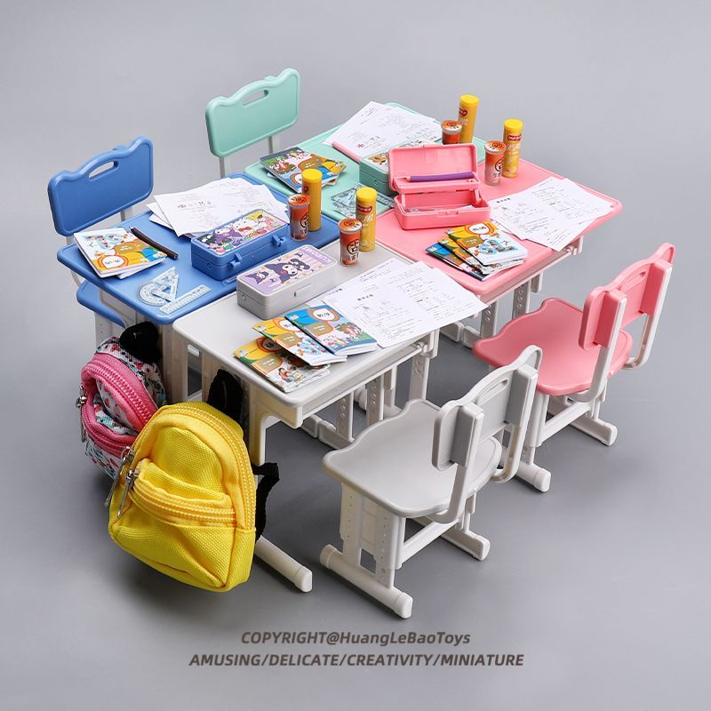 微缩迷你学习桌子仿真文具盒铅笔盒教室课桌椅娃娃屋配件模型玩具