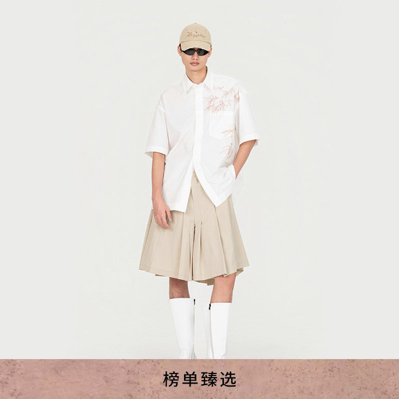 【秀场同款】FengChenWang26春夏新品植物染竹叶印花短袖男女衬衫