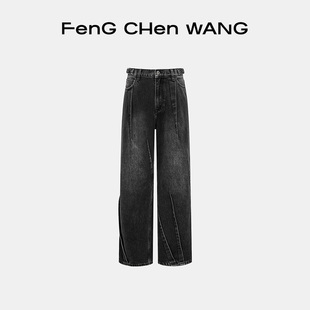 牛仔裤 新品 FengChenWang解构系列黑色水洗牛仔压褶中性款 长裤