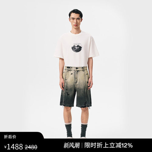 【FengChenWang】解构黑色渐变男女同款牛仔短裤