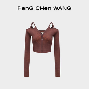 开衫 棕色女士针织套头短款 FengChenWang