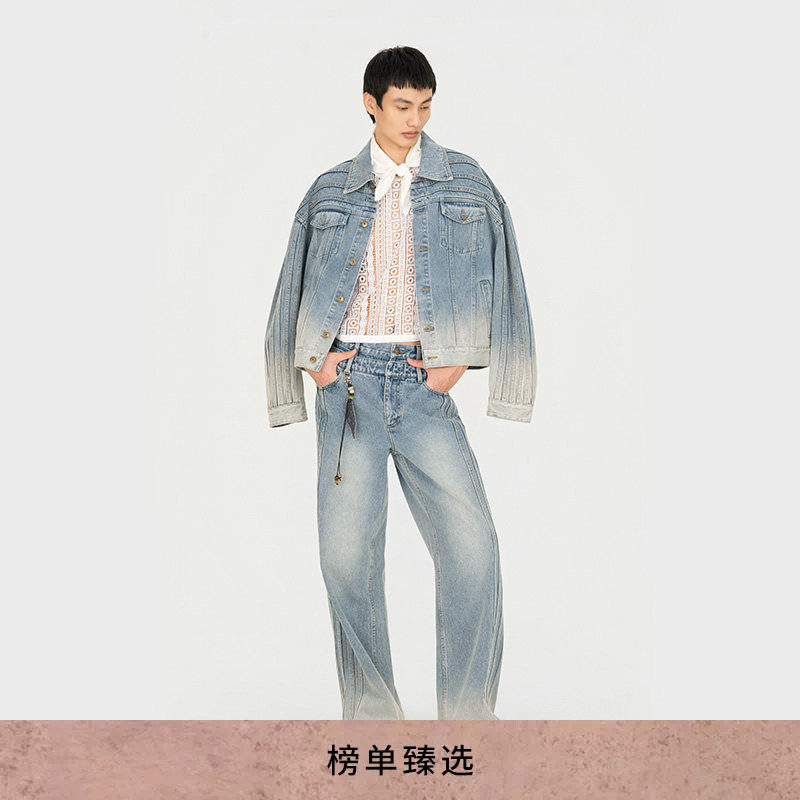 【新品】FengChenWang26春夏蓝色缝线双腰牛仔长裤男女同款