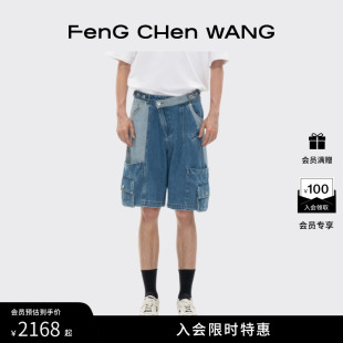 工装 斜门襟拼接男女同款 FengChenWang 五分牛仔短裤 夏季