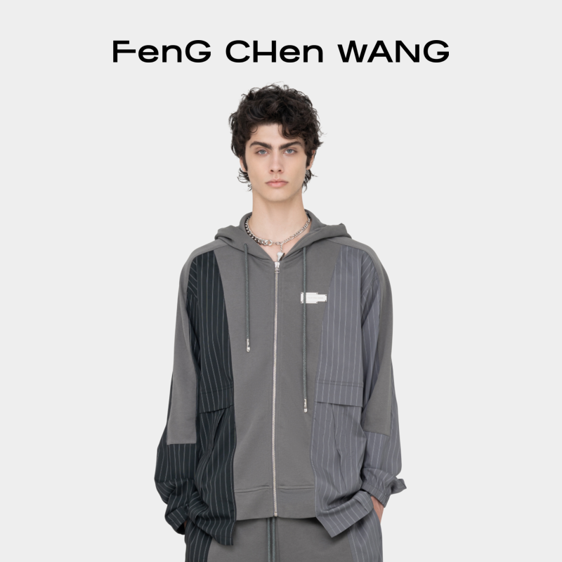 【FengChenWang】拼接系列中性款条纹休闲宽松撞色徽标连帽衫卫衣