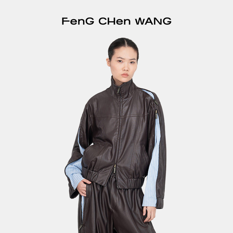 【新品】FengChenWang 26秋季女士条纹拼接立领PU拉链夹克