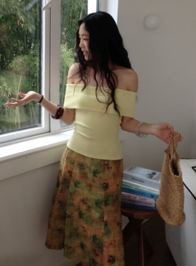 3Qha 原创复古印花半身裙 女中长压褶复古百搭半身裙