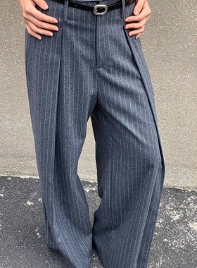 3Qha 灰色条纹西装裤女宽松高腰显瘦直筒裤休闲长裤
