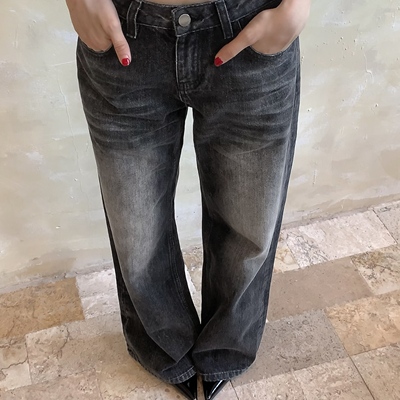 3Qha 美式复古水洗做旧设计高级感直筒宽松低腰牛仔长裤