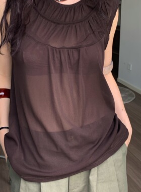 3Qha 夏季复古微透弹力网纱抽褶无袖背心上衣