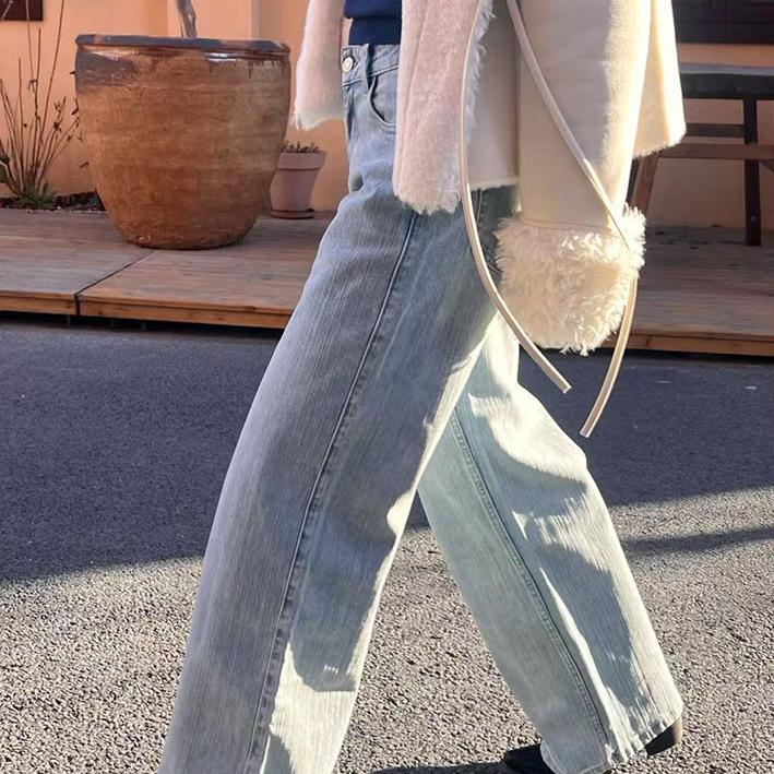 3Qha 复古牛仔裤女早春浅蓝色新款显瘦直宽松百搭直筒裤