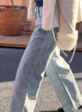 3Qha 复古牛仔裤女早春浅蓝色新款显瘦直宽松百搭直筒裤