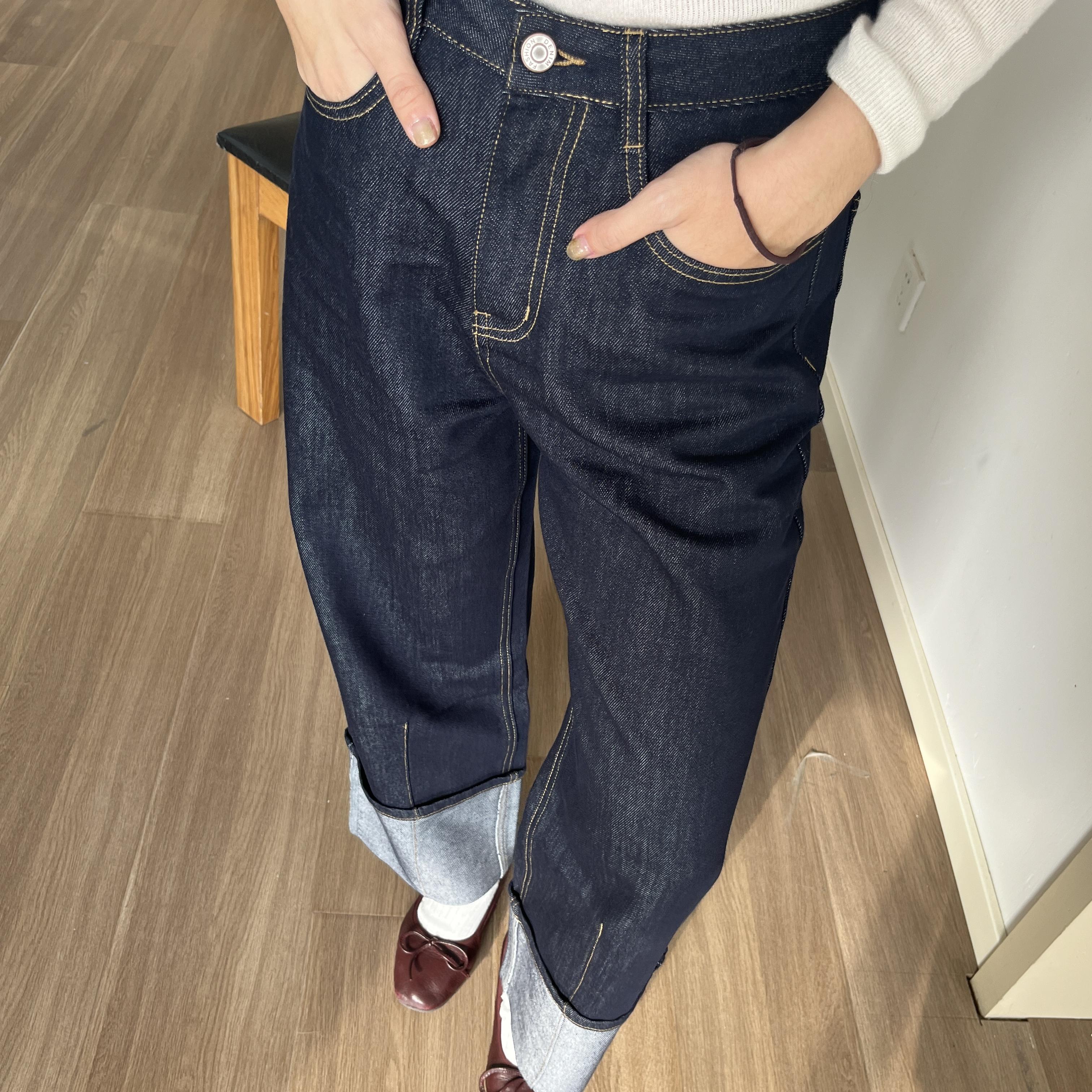 3Qha 百搭休闲原牛高级感裤脚翻边直筒牛仔裤女