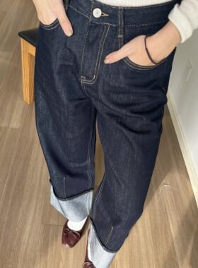 3Qha 百搭休闲原牛高级感裤脚翻边直筒牛仔裤女