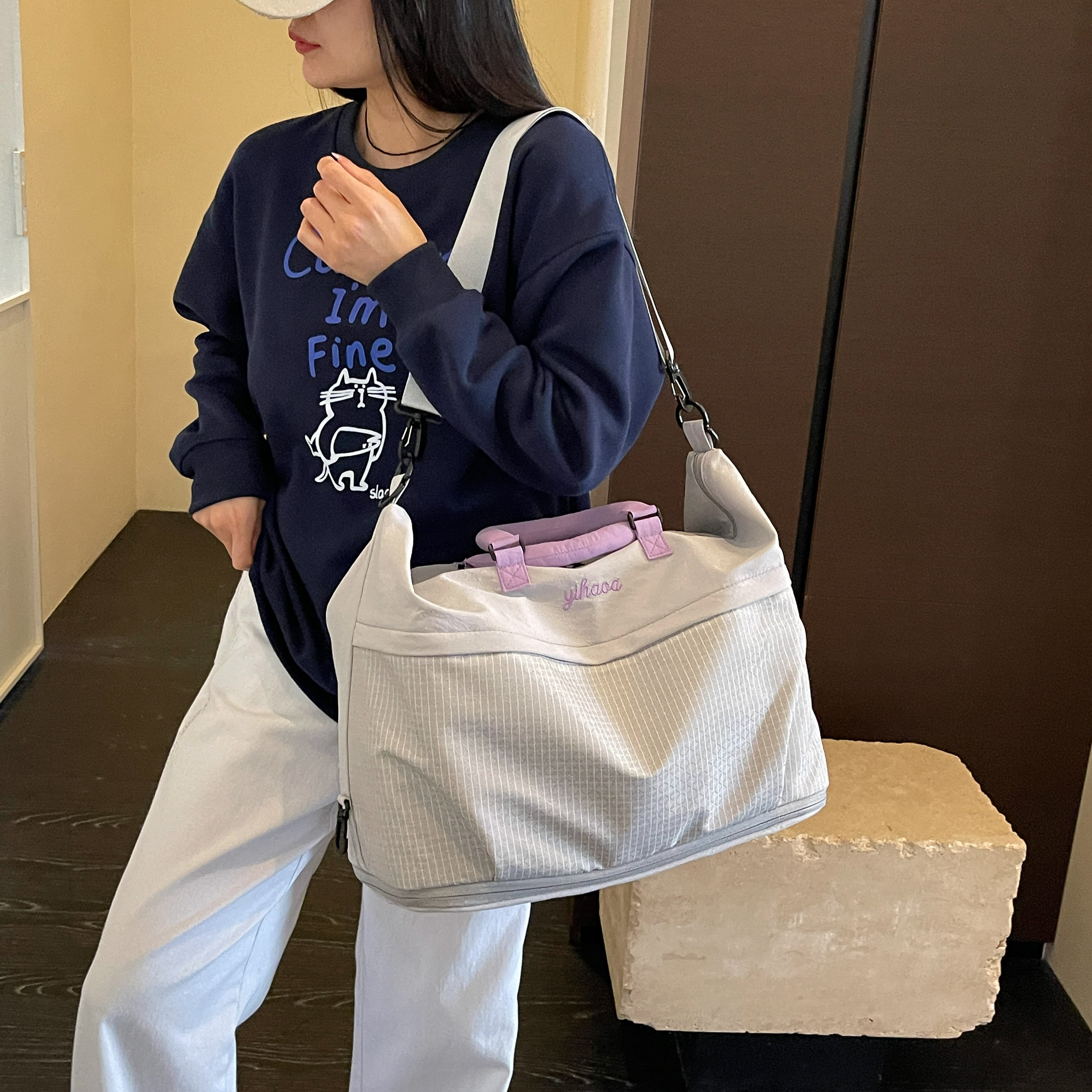 大容量旅行包女可套拉杆短途出差手提轻便行李袋格子拼色收纳包