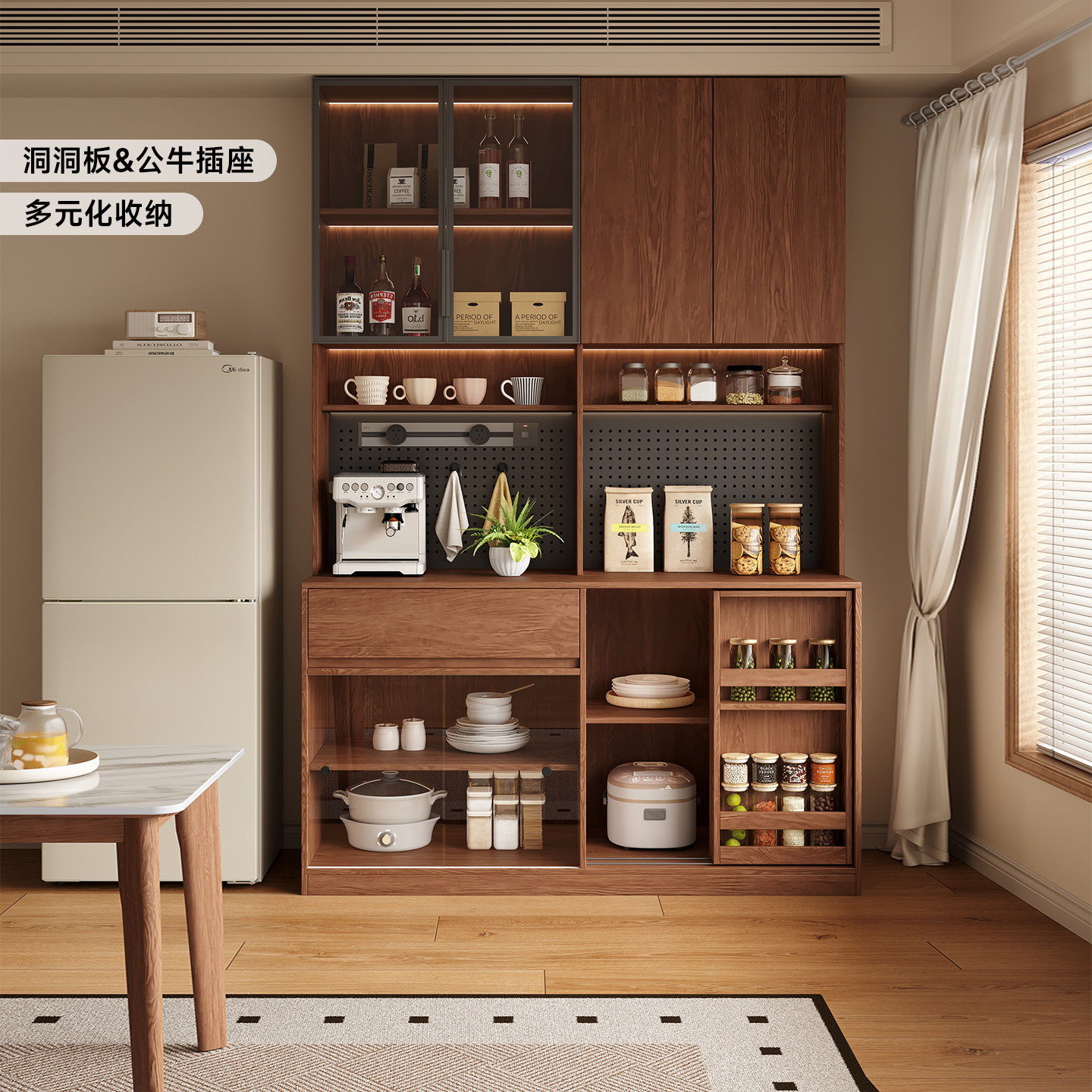 政补实木餐边柜靠墙一体餐厅复古风茶水柜多功能厨房收纳橱置物柜