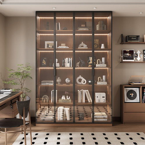 国补实木书柜一体整墙到顶带玻璃门橡木色客厅储物柜书房展示柜子