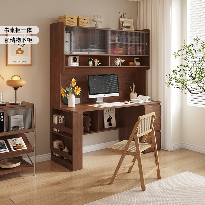 国补实木书桌书架一体组合小户型卧室家用中古风写字桌儿童学习桌