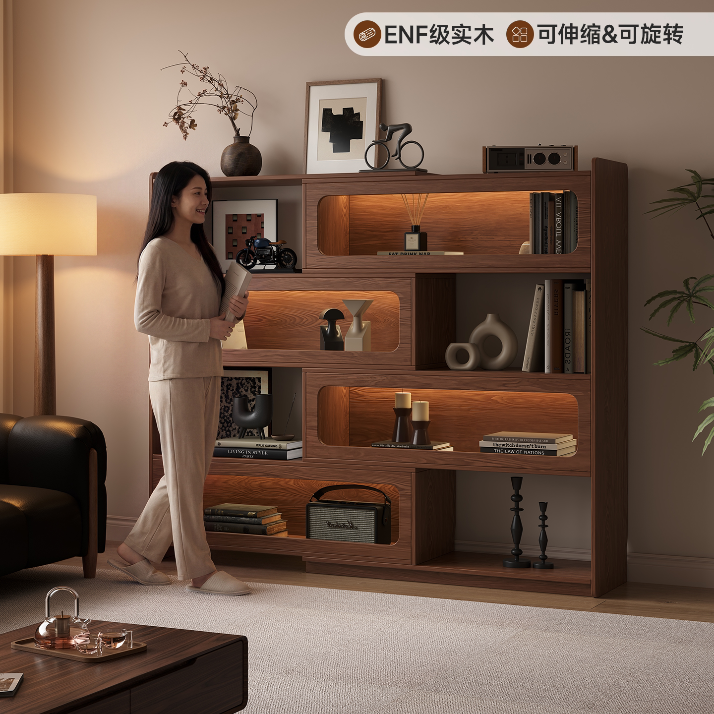 政补实木书架落地置物架可伸缩书柜储物一体靠墙家用客厅转角矮柜图片